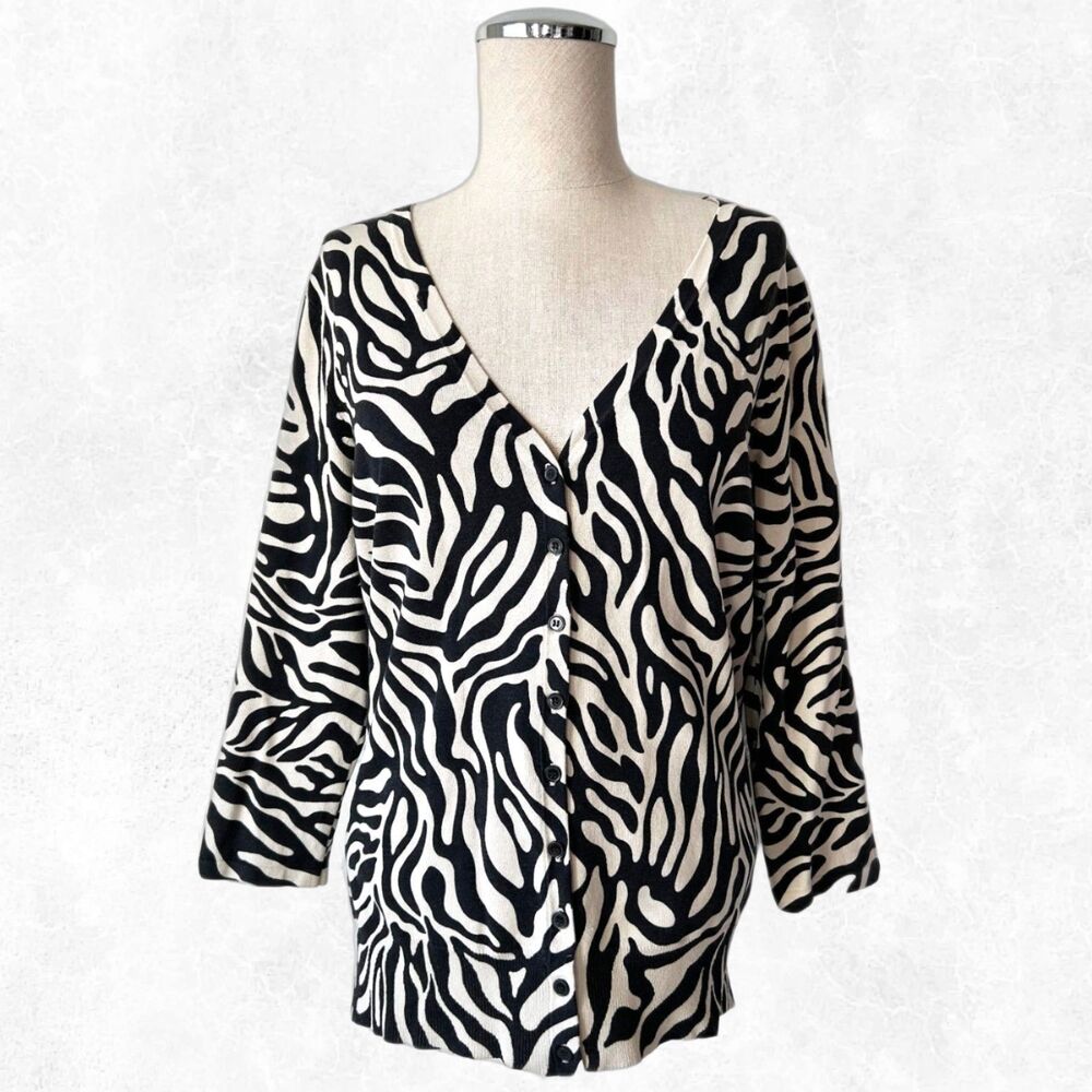 Josephine Chaus Zebra Print Cardigan Sweater Women M Black Ivory Silk Nylon